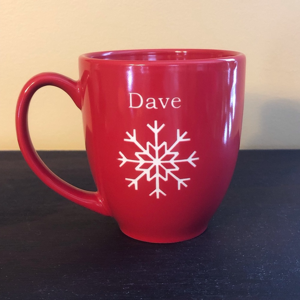 14 Ounce Red Ceramic Snowflake Personalized Dave Mug
